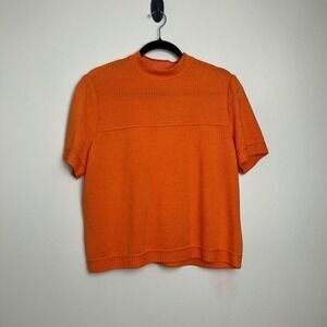St John Orange Ribbed Mock Neck Short Sleeve Knit Top Size L